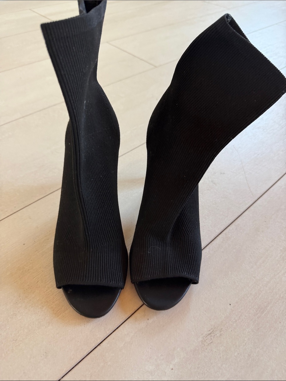 Black Ribbed Knit Peep-Toe Sock Boots